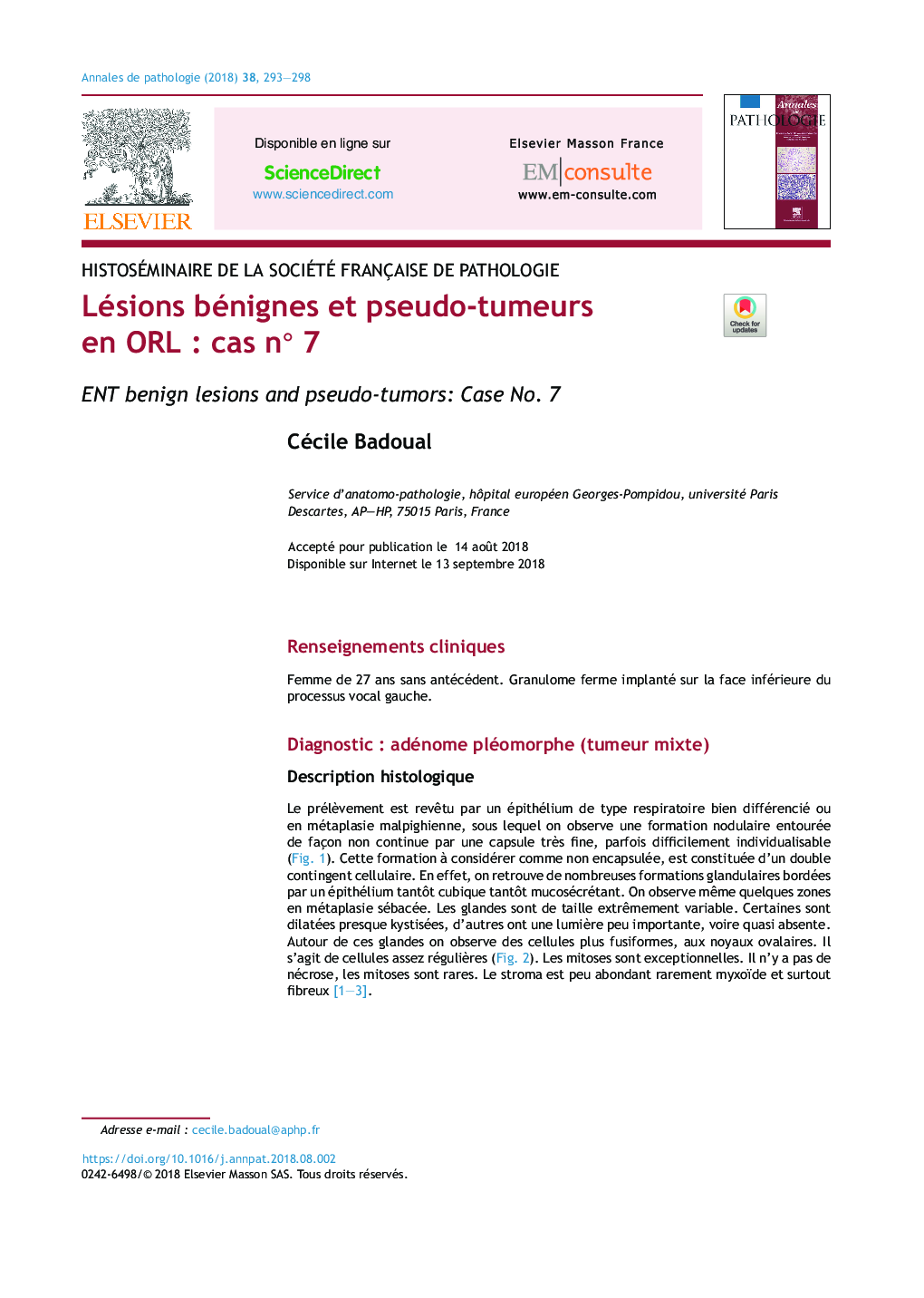 Lésions bénignes et pseudo-tumeurs en ORLÂ : cas nÂ°Â 7