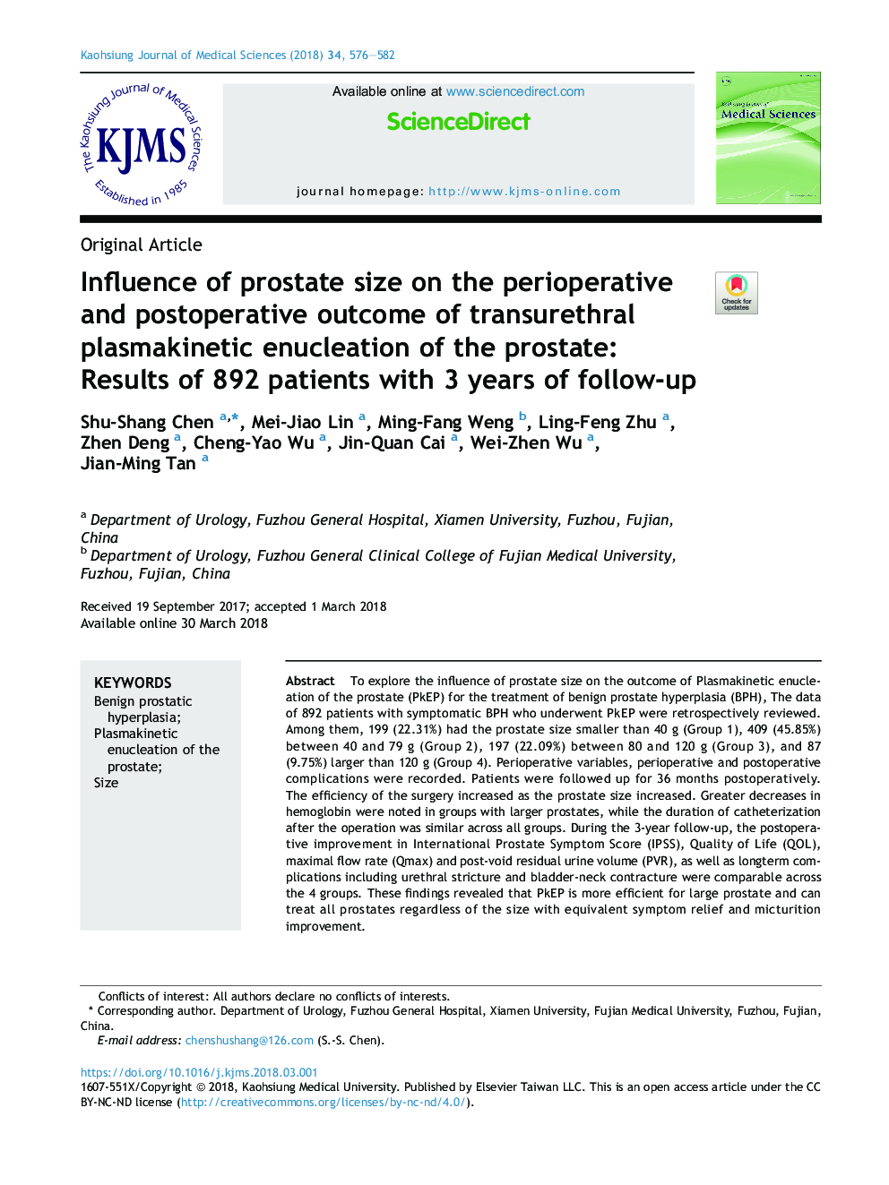 Influence of prostate size on the perioperative and postoperative outcome of transurethral plasmakinetic enucleation of the prostate: Results of 892 patients with 3 years of follow-up