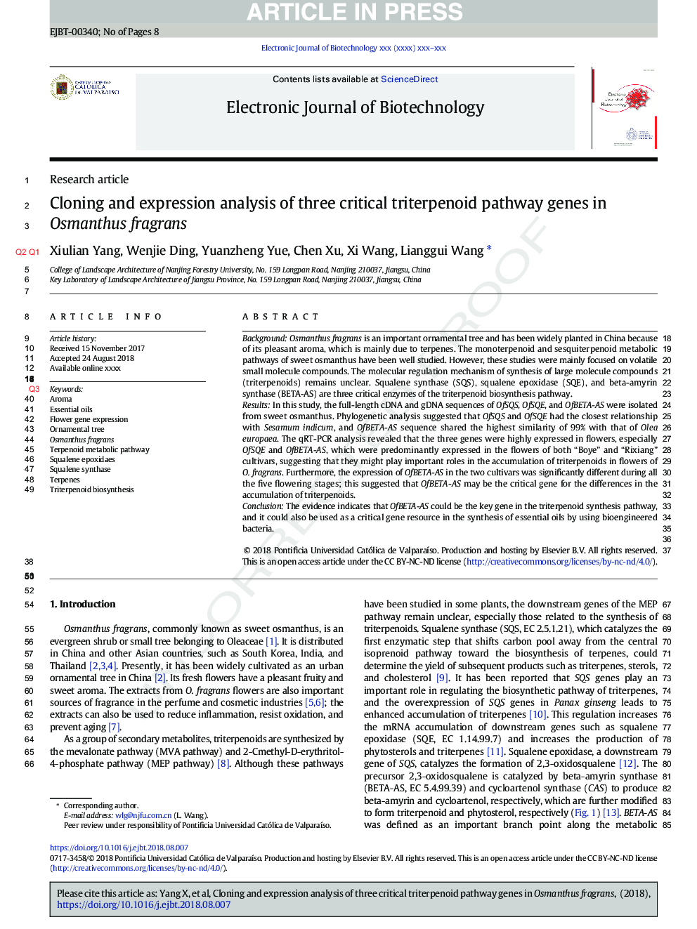 Cloning and expression analysis of three critical triterpenoid pathway genes in Osmanthus fragrans