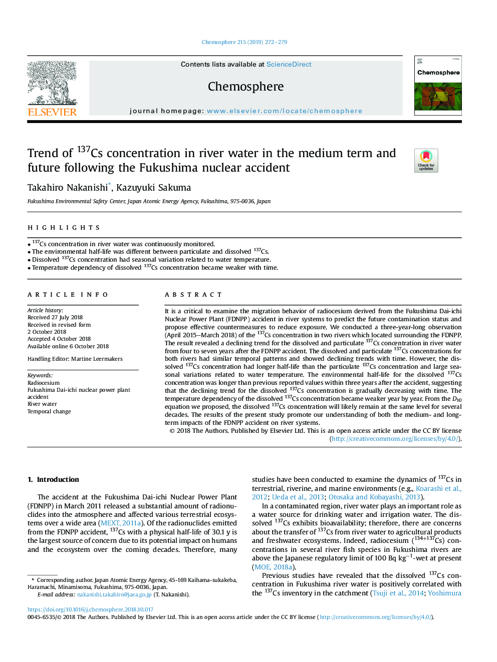 Trend of 137Cs concentration in river water in the medium term and future following the Fukushima nuclear accident