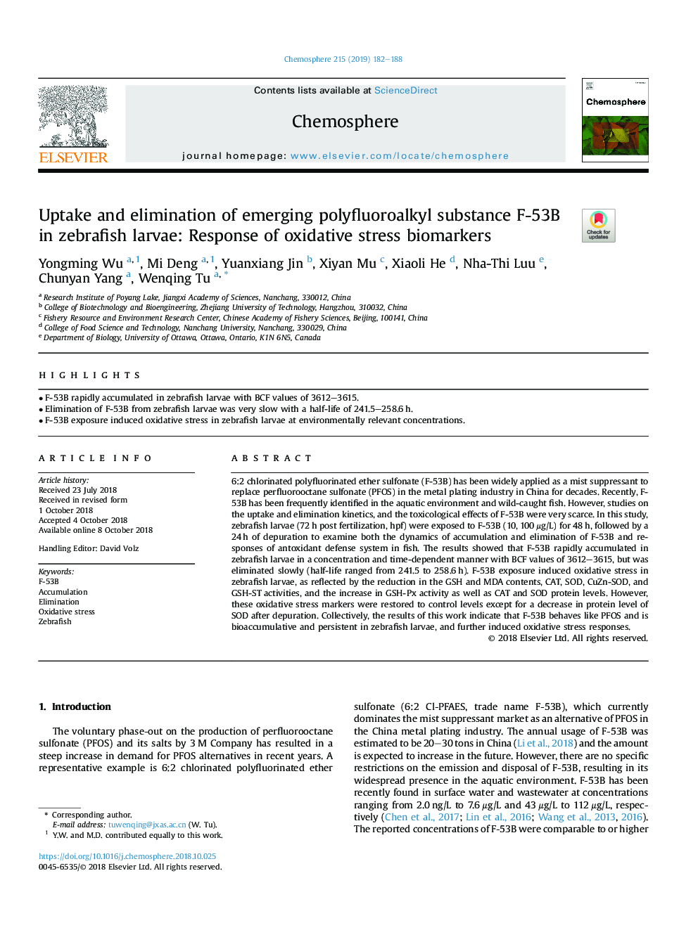 Uptake and elimination of emerging polyfluoroalkyl substance F-53B in zebrafish larvae: Response of oxidative stress biomarkers