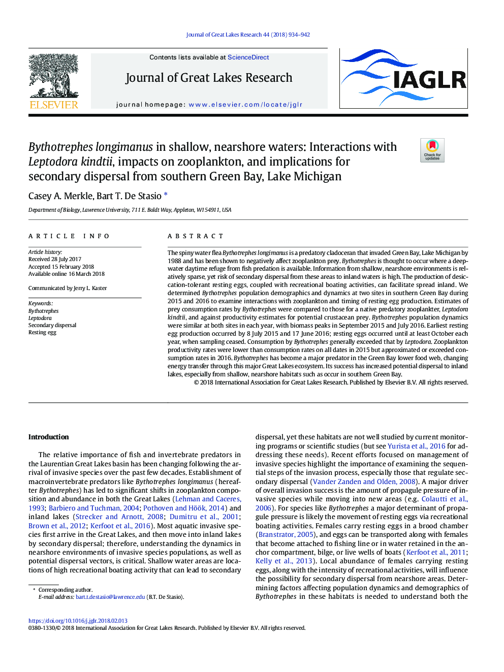 Bythotrephes longimanus in shallow, nearshore waters: Interactions with Leptodora kindtii, impacts on zooplankton, and implications for secondary dispersal from southern Green Bay, Lake Michigan