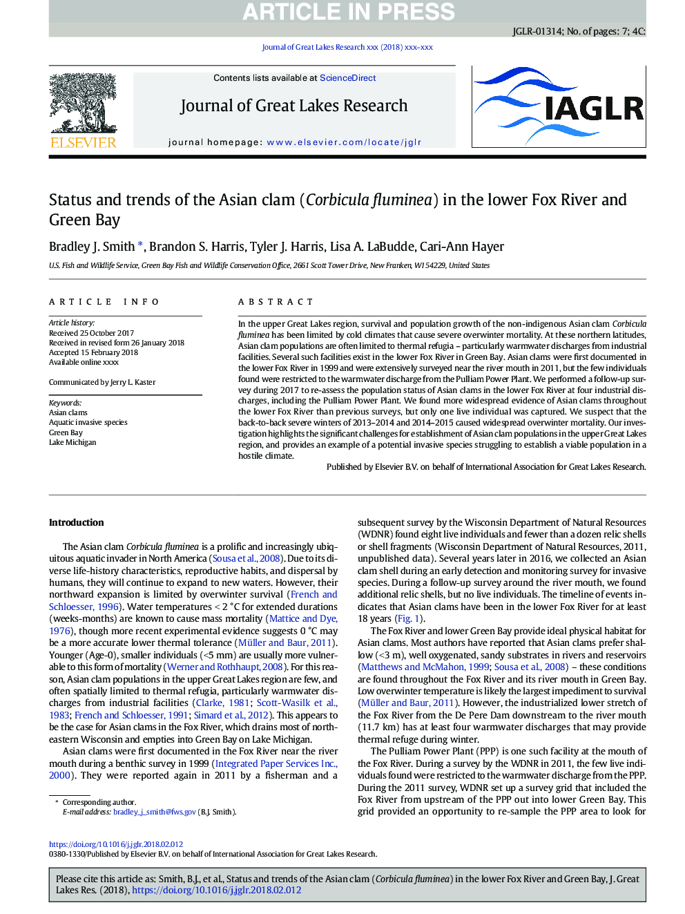 Status and trends of the Asian clam (Corbicula fluminea) in the lower Fox River and Green Bay