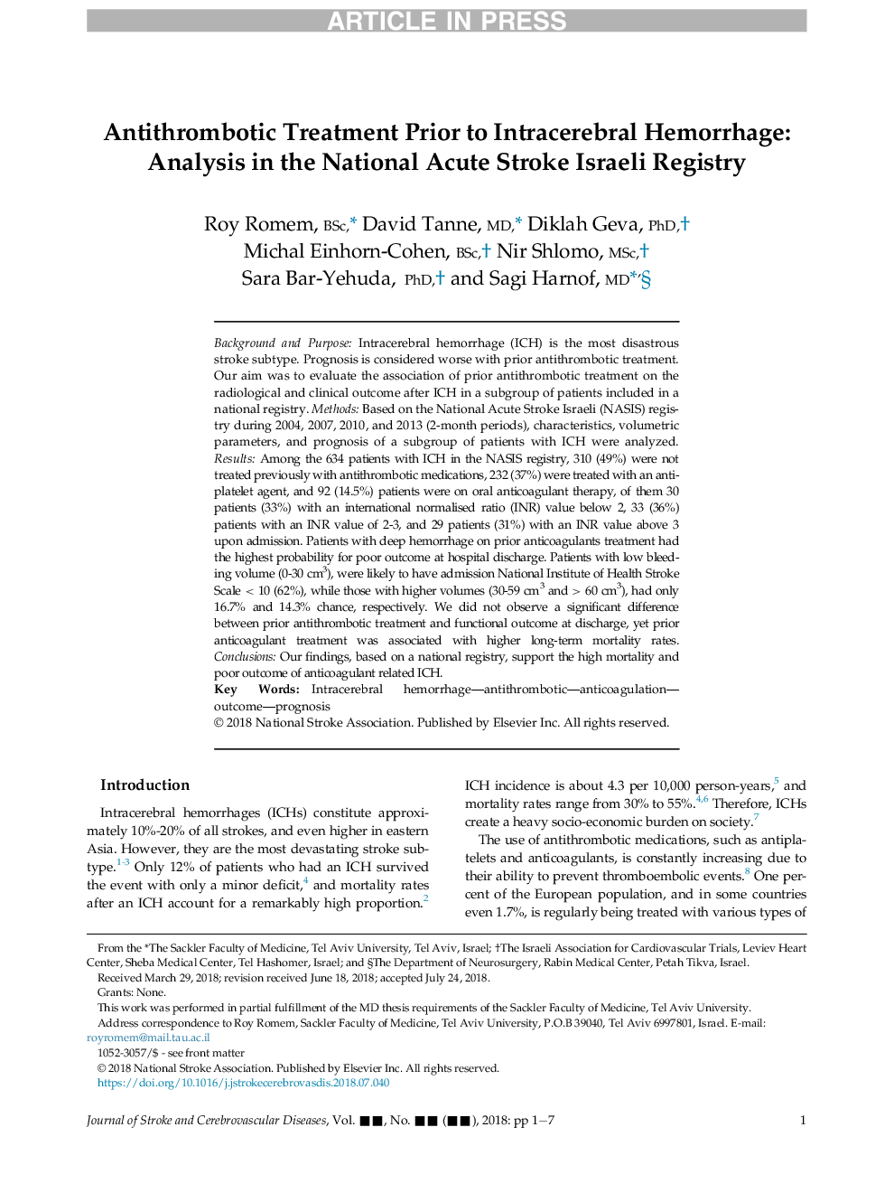 درمان آنتی ترومبوتیک قبل از خونریزی داخل مغزی: تجزیه و تحلیل در سکته مغزی حاد ملی رژیم اسرائیل