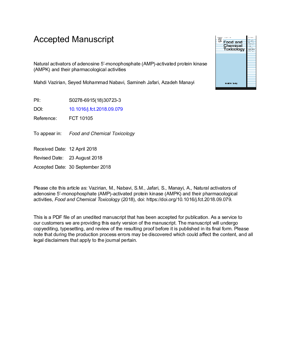 Natural activators of adenosine 5â²-monophosphate (AMP)-activated protein kinase (AMPK) and their pharmacological activities