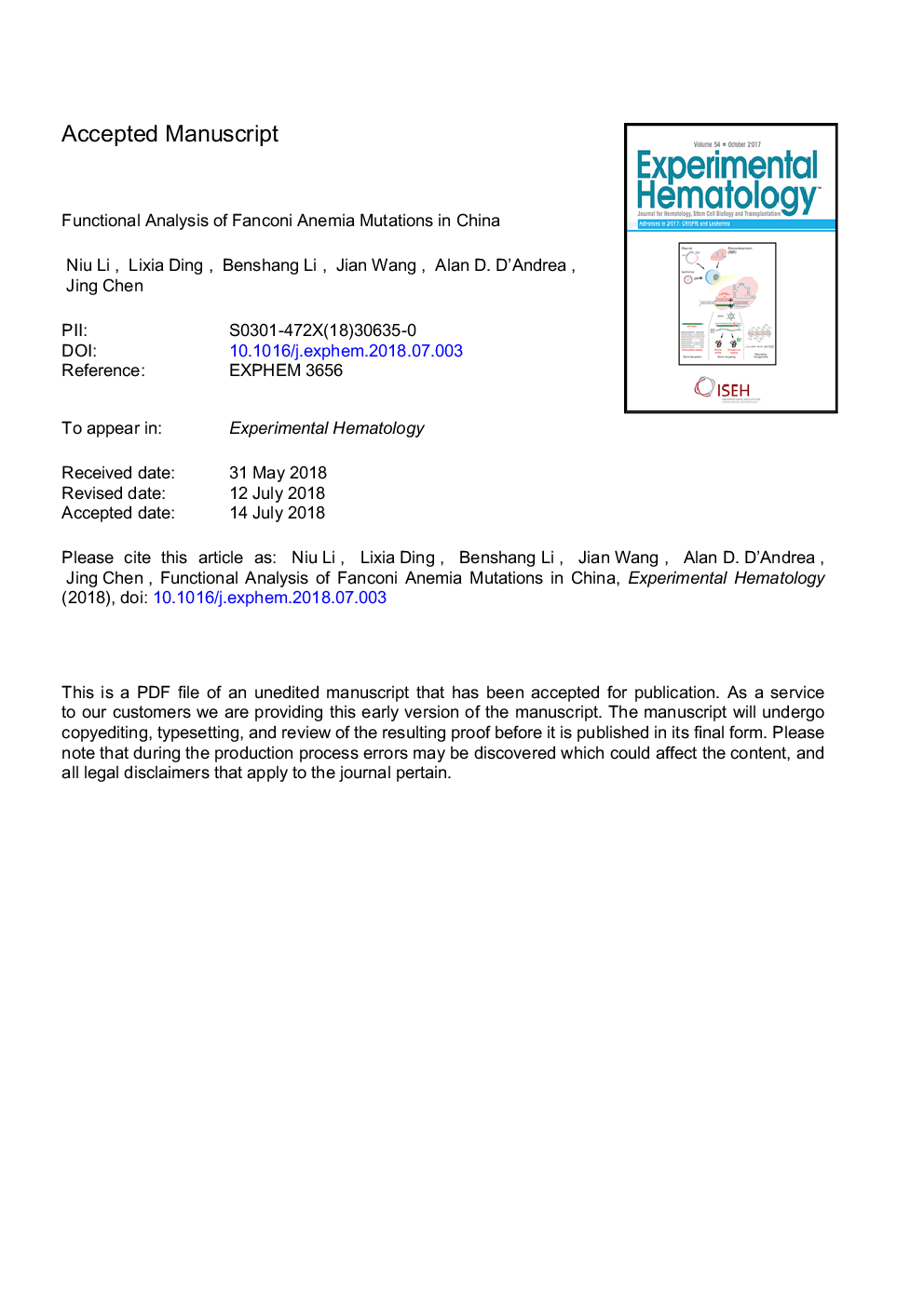 Functional analysis of Fanconi anemia mutations in China