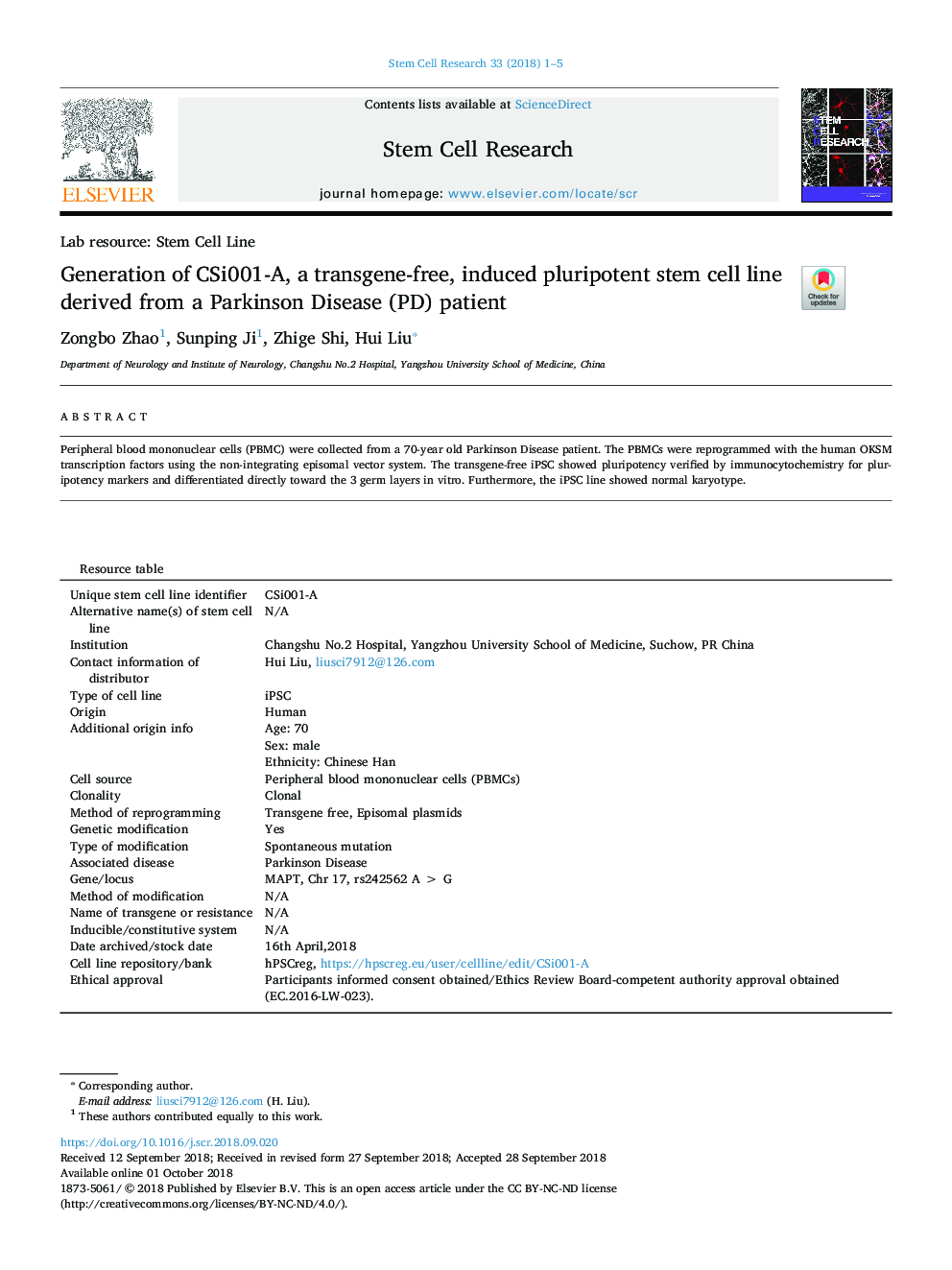 Generation of CSi001-A, a transgene-free, induced pluripotent stem cell line derived from a Parkinson Disease (PD) patient