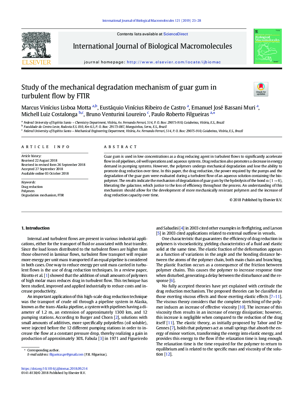 Study of the mechanical degradation mechanism of guar gum in turbulent flow by FTIR