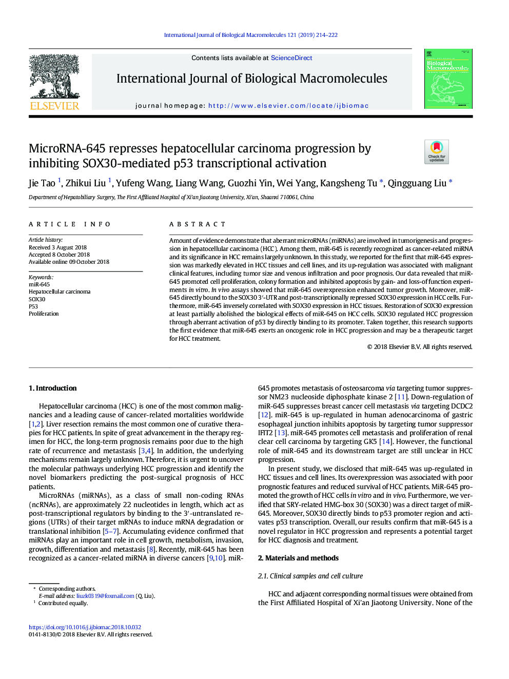 MicroRNA-645 represses hepatocellular carcinoma progression by inhibiting SOX30-mediated p53 transcriptional activation