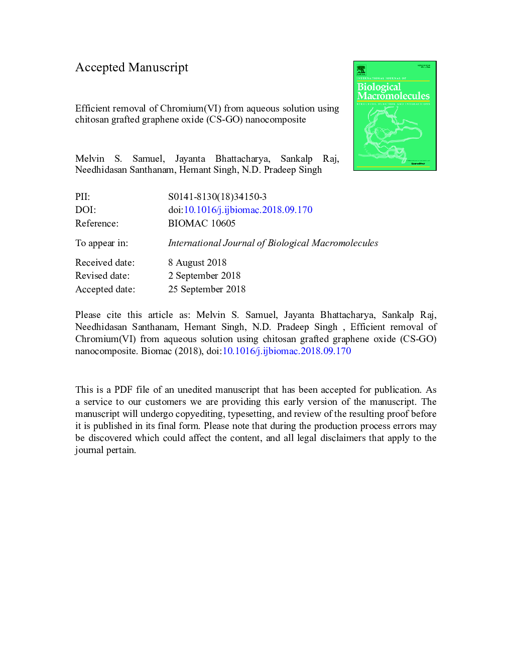 Efficient removal of Chromium(VI) from aqueous solution using chitosan grafted graphene oxide (CS-GO) nanocomposite