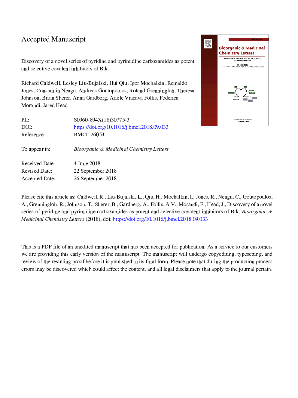 Discovery of a novel series of pyridine and pyrimidine carboxamides as potent and selective covalent inhibitors of Btk