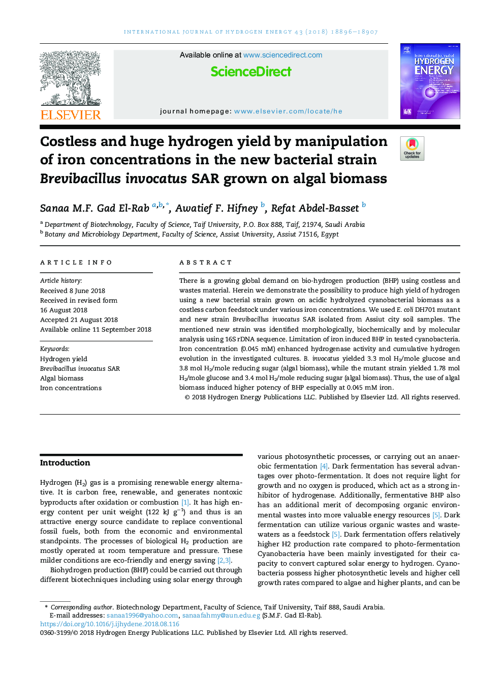 Costless and huge hydrogen yield by manipulation of iron concentrations in the new bacterial strain Brevibacillus invocatus SAR grown on algal biomass