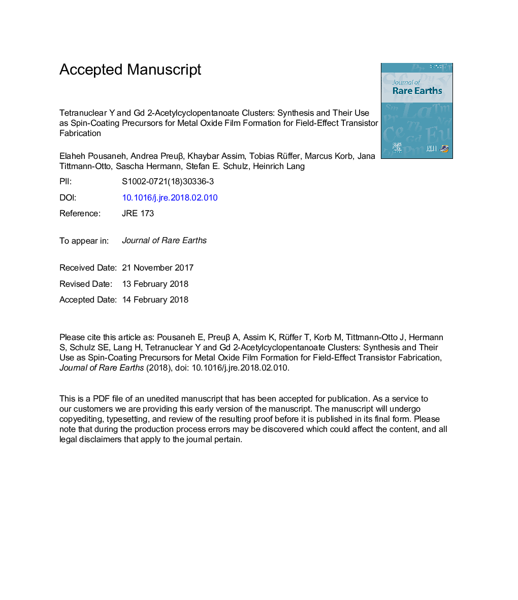 خواص هیدروکلریکی یتیم و گادولینیم 2-استیل سیکلوپنتانوئات: سنتز و استفاده از آنها به عنوان پیشروهای پوشش اسپین برای تشکیل پلی اکسید فلزی برای ساخت ترانزیستور میدان اثر