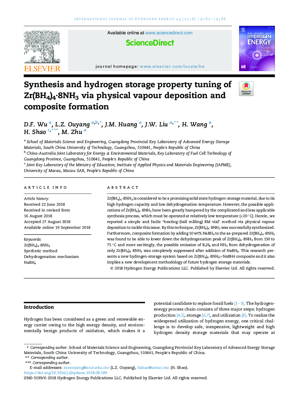 Synthesis and hydrogen storage property tuning of Zr(BH4)4Â·8NH3 via physical vapour deposition and composite formation