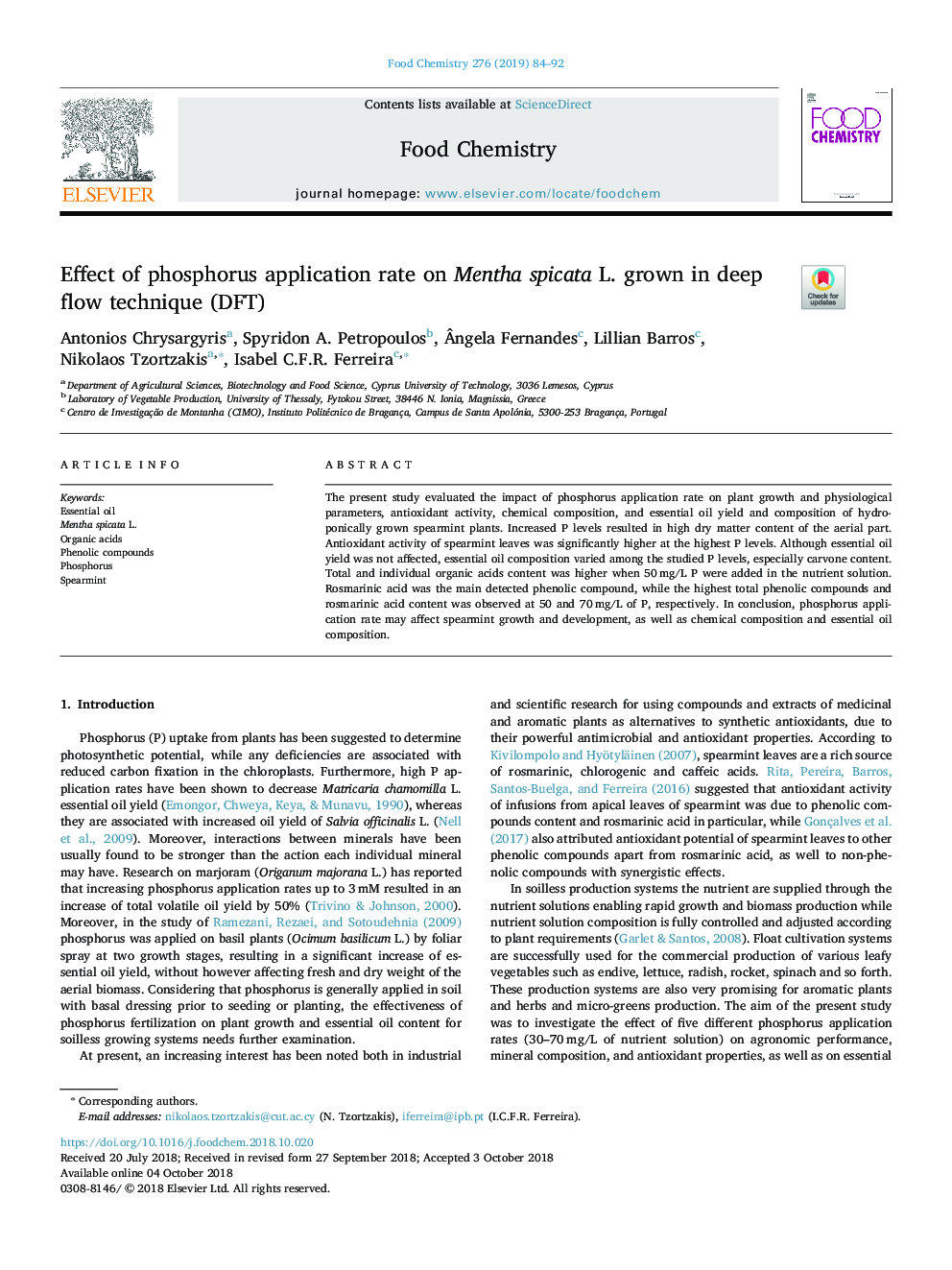 Effect of phosphorus application rate on Mentha spicata L. grown in deep flow technique (DFT)