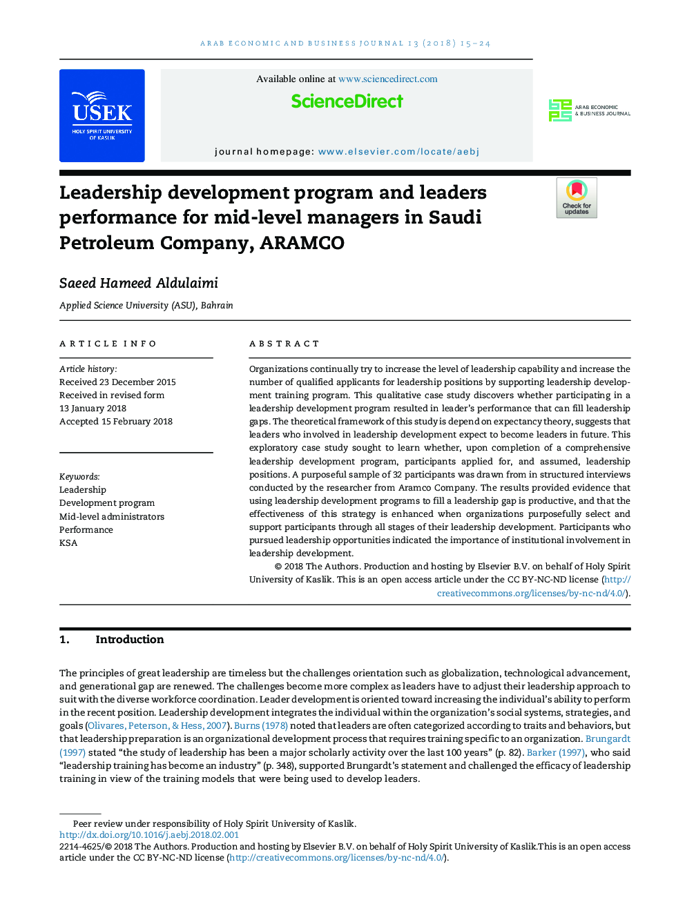 Leadership development program and leaders performance for mid-level managers in Saudi Petroleum Company, ARAMCO