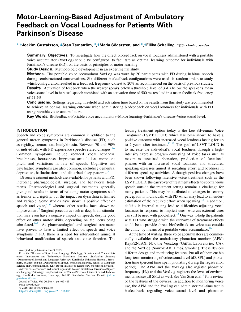 تنظیم مبتنی بر یادگیری ـ حرکت بازخورد سیار در بلندی آواز برای بیماران مبتلا به بیماری پارکینسون