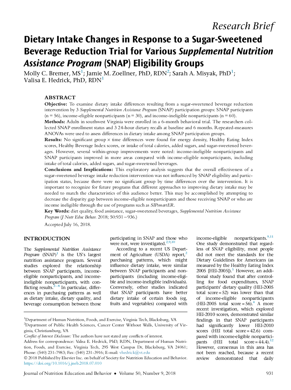 Dietary Intake Changes in Response to a Sugar-Sweetened Beverage Reduction Trial for Various Supplemental Nutrition Assistance Program (SNAP) Eligibility Groups