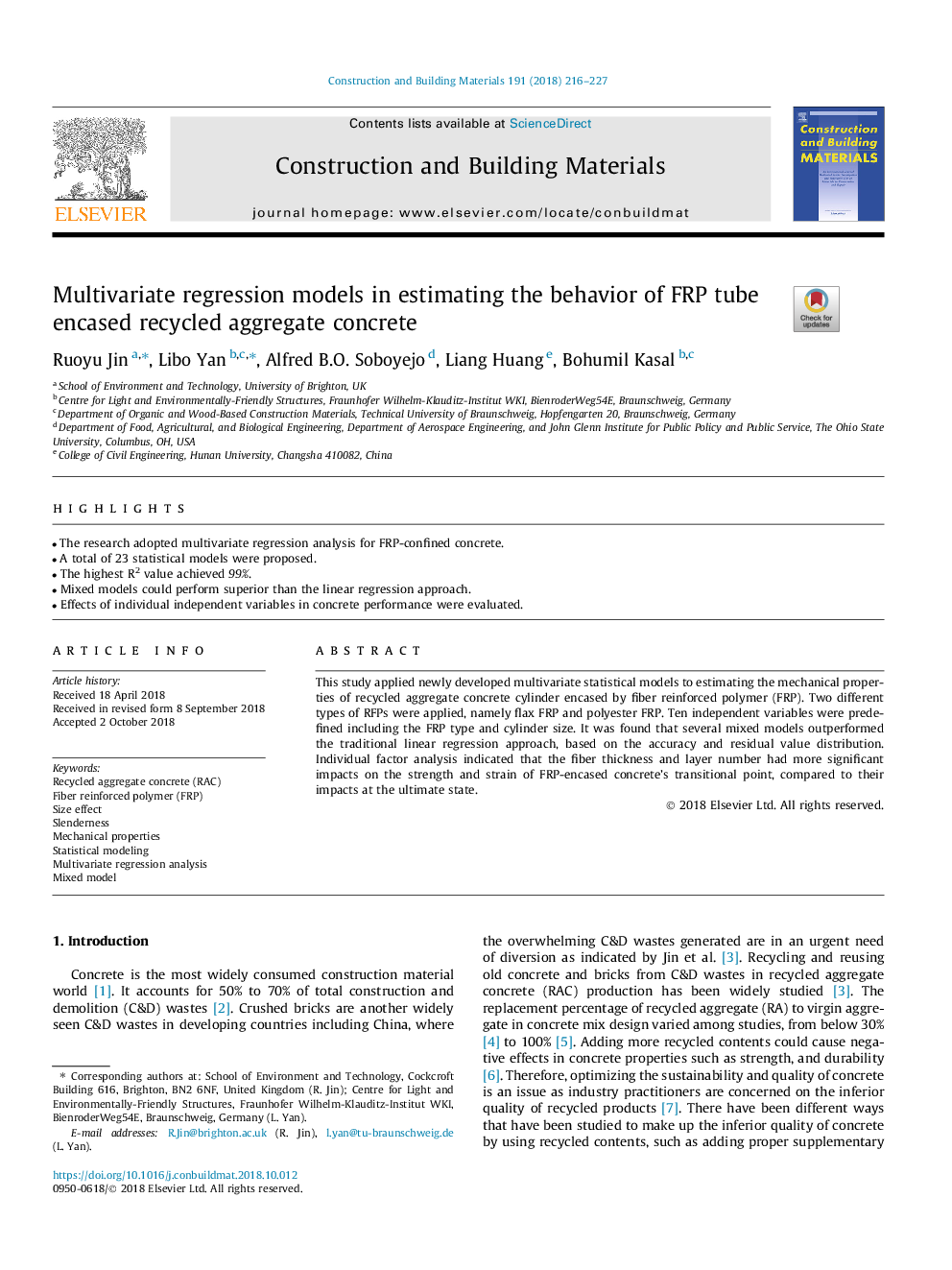 Multivariate regression models in estimating the behavior of FRP tube encased recycled aggregate concrete