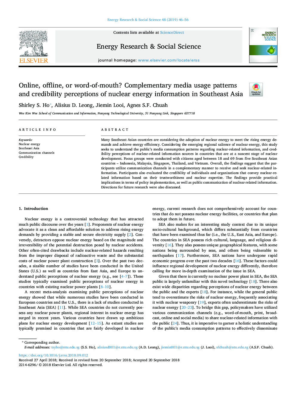 Online, offline, or word-of-mouth? Complementary media usage patterns and credibility perceptions of nuclear energy information in Southeast Asia