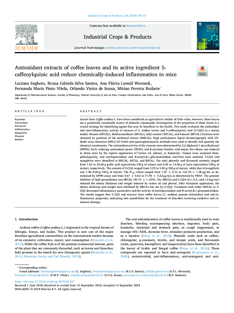 عصاره های آنتی اکسیدان از برگ های قهوه و ماده فعال آن 5-کافئویلیکینیک اسید باعث کاهش التهاب ناشی از شیمی در موش می شود