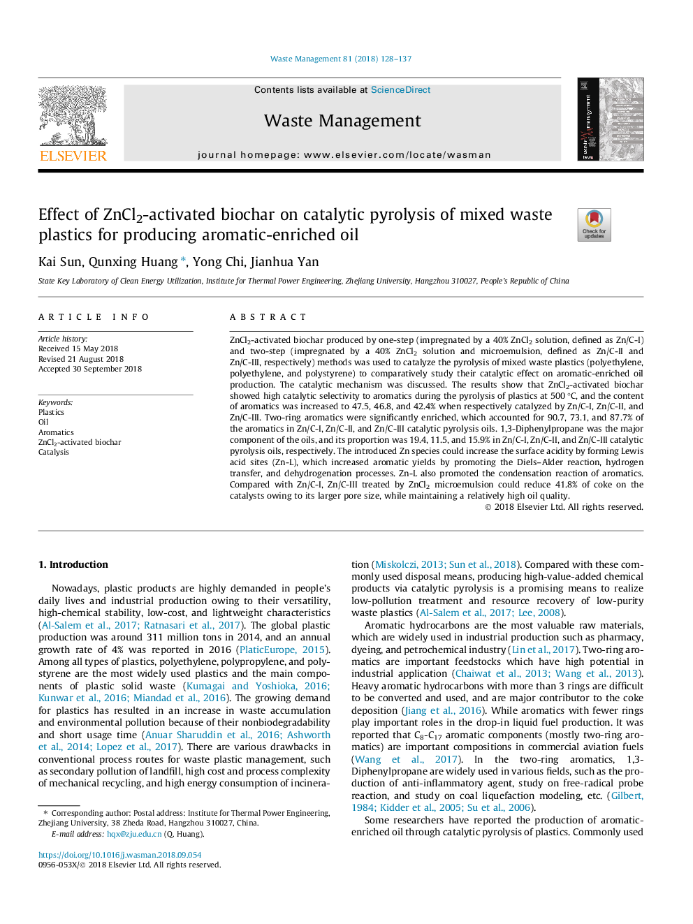 Effect of ZnCl2-activated biochar on catalytic pyrolysis of mixed waste plastics for producing aromatic-enriched oil