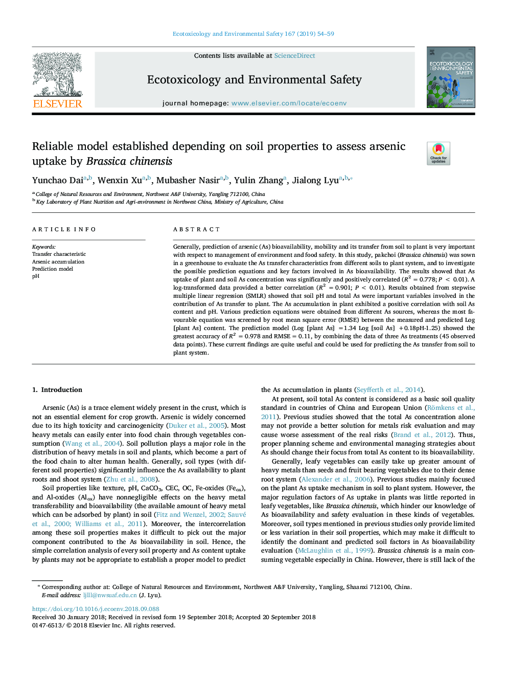Reliable model established depending on soil properties to assess arsenic uptake by Brassica chinensis