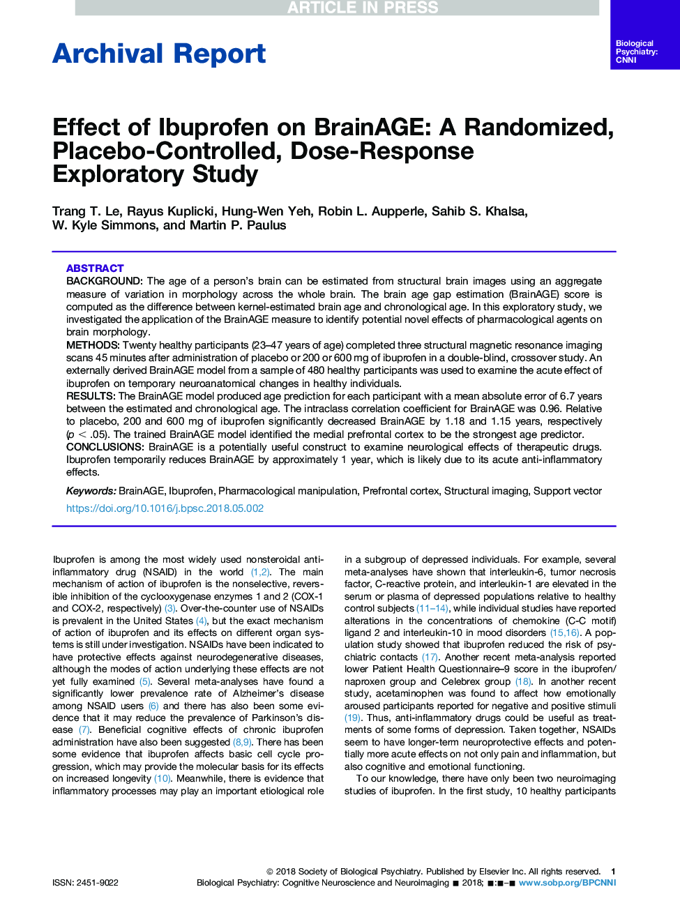 Effect of Ibuprofen on BrainAGE: A Randomized, Placebo-Controlled, Dose-Response ExploratoryÂ Study