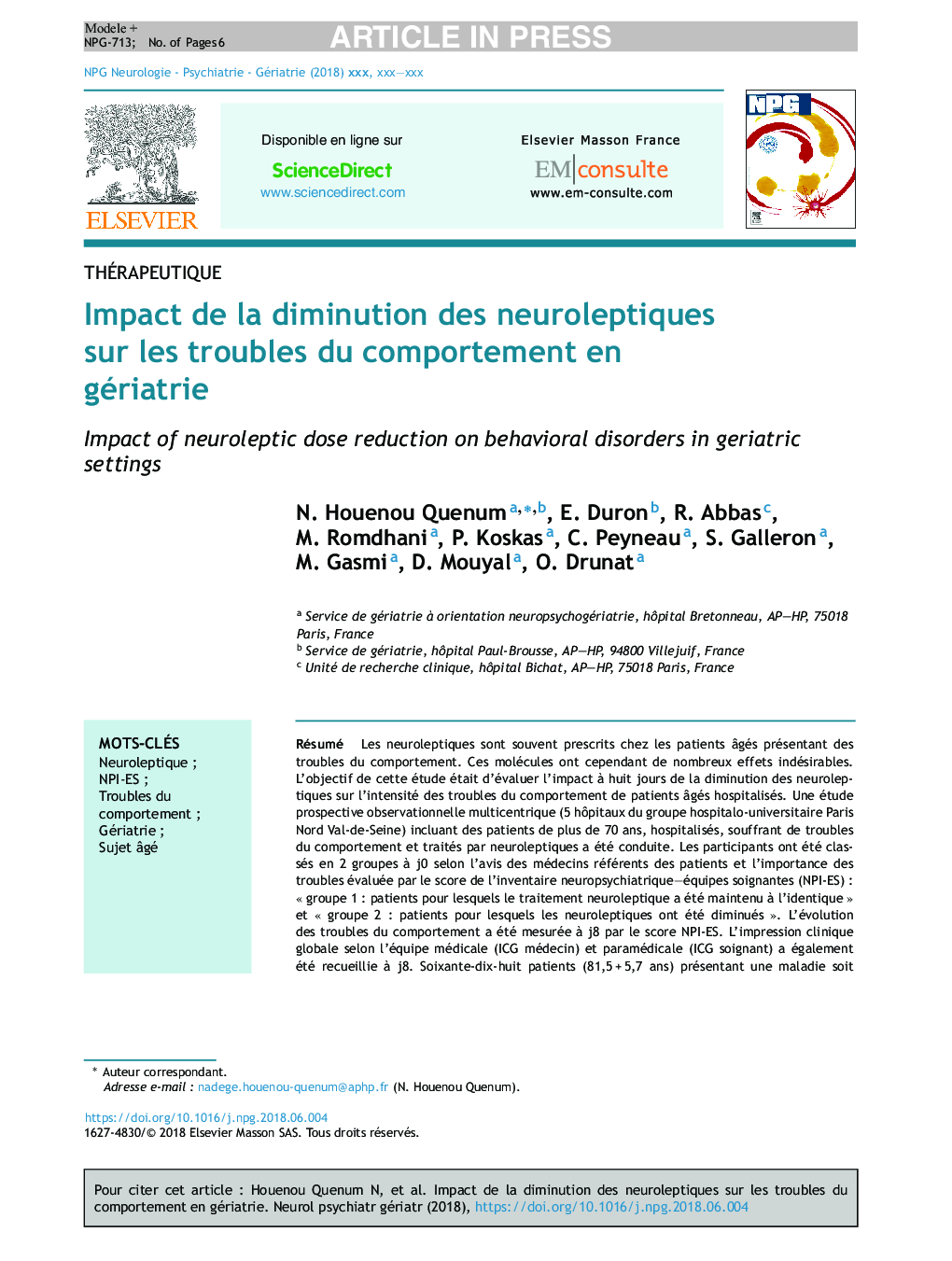 Impact de la diminution des neuroleptiques sur les troubles du comportement en gériatrie