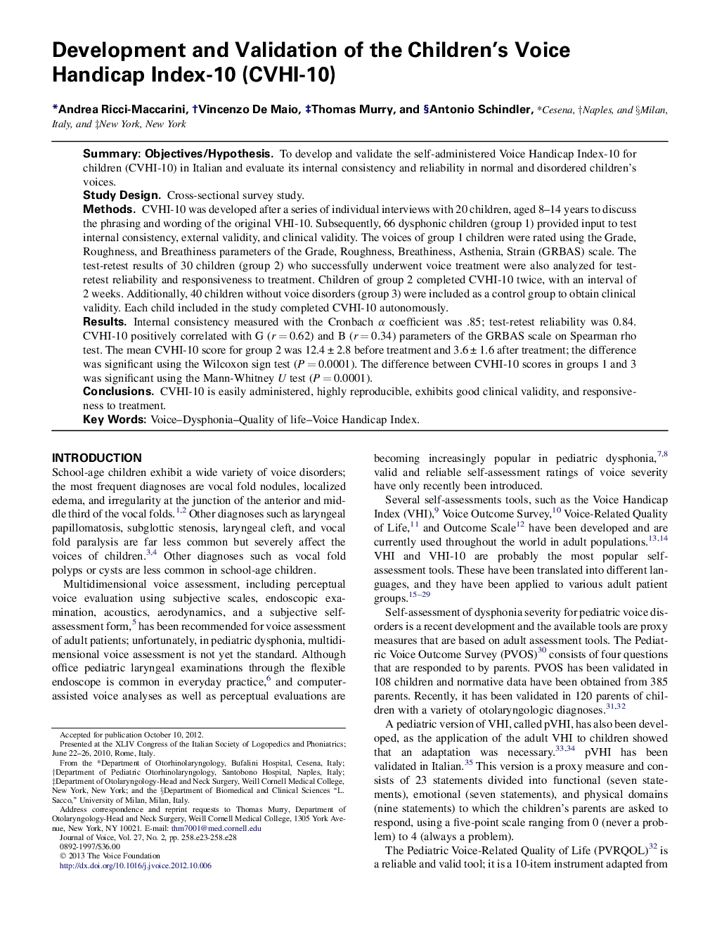 Development and Validation of the Children's Voice Handicap Index-10 (CVHI-10)