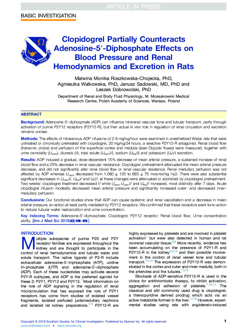 Clopidogrel Partially Counteracts Adenosine-5â²-Diphosphate Effects on Blood Pressure and Renal Hemodynamics and Excretion in Rats