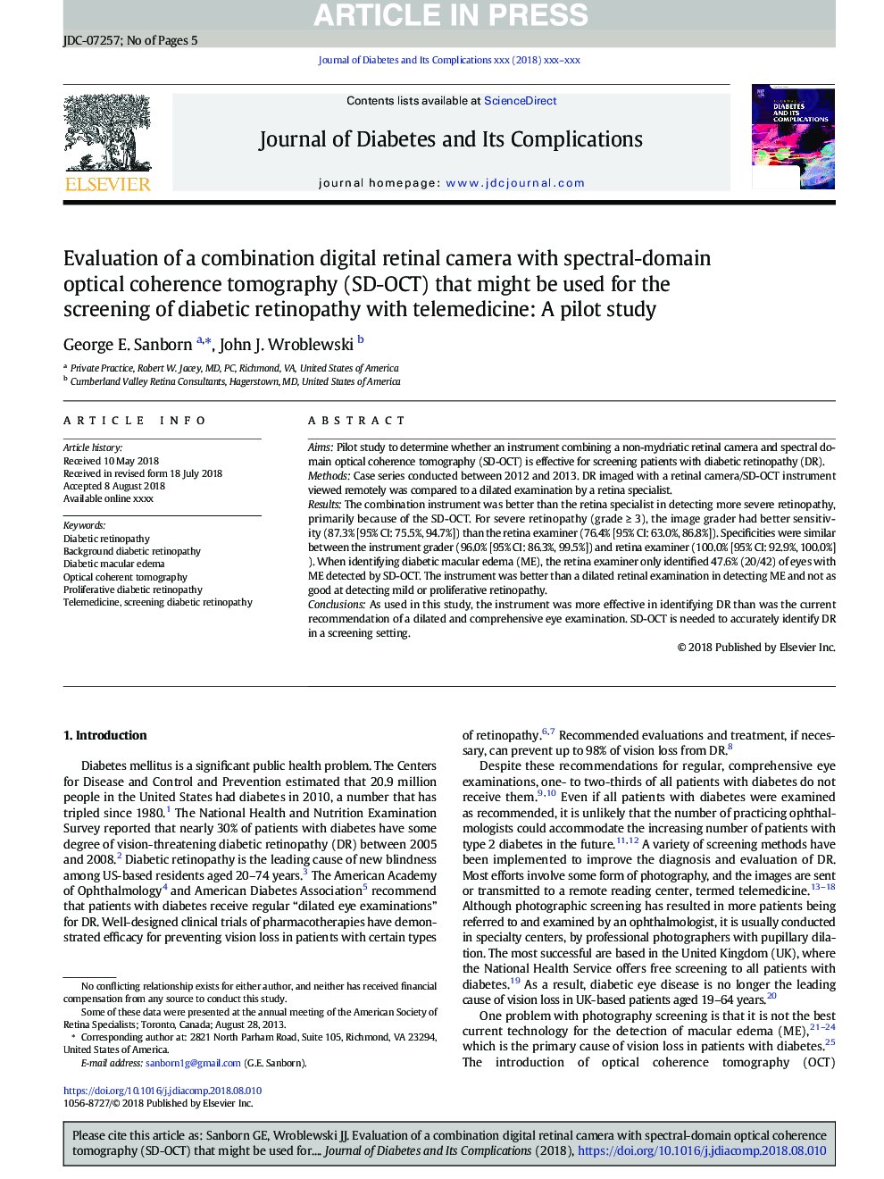 Evaluation of a combination digital retinal camera with spectral-domain optical coherence tomography (SD-OCT) that might be used for the screening of diabetic retinopathy with telemedicine: A pilot study