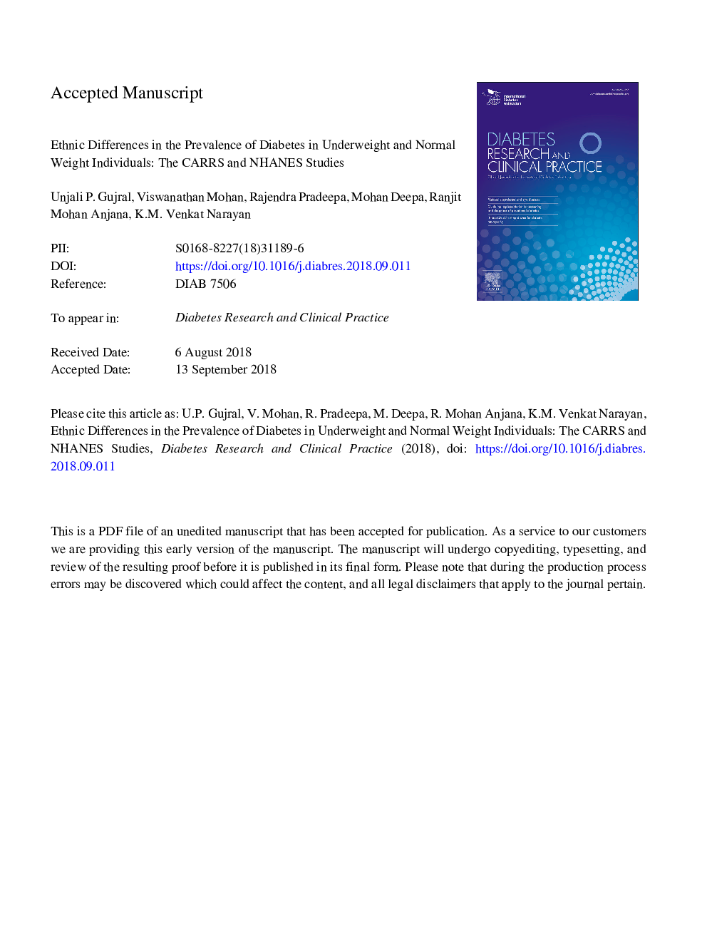 Ethnic differences in the prevalence of diabetes in underweight and normal weight individuals: The CARRS and NHANES studies