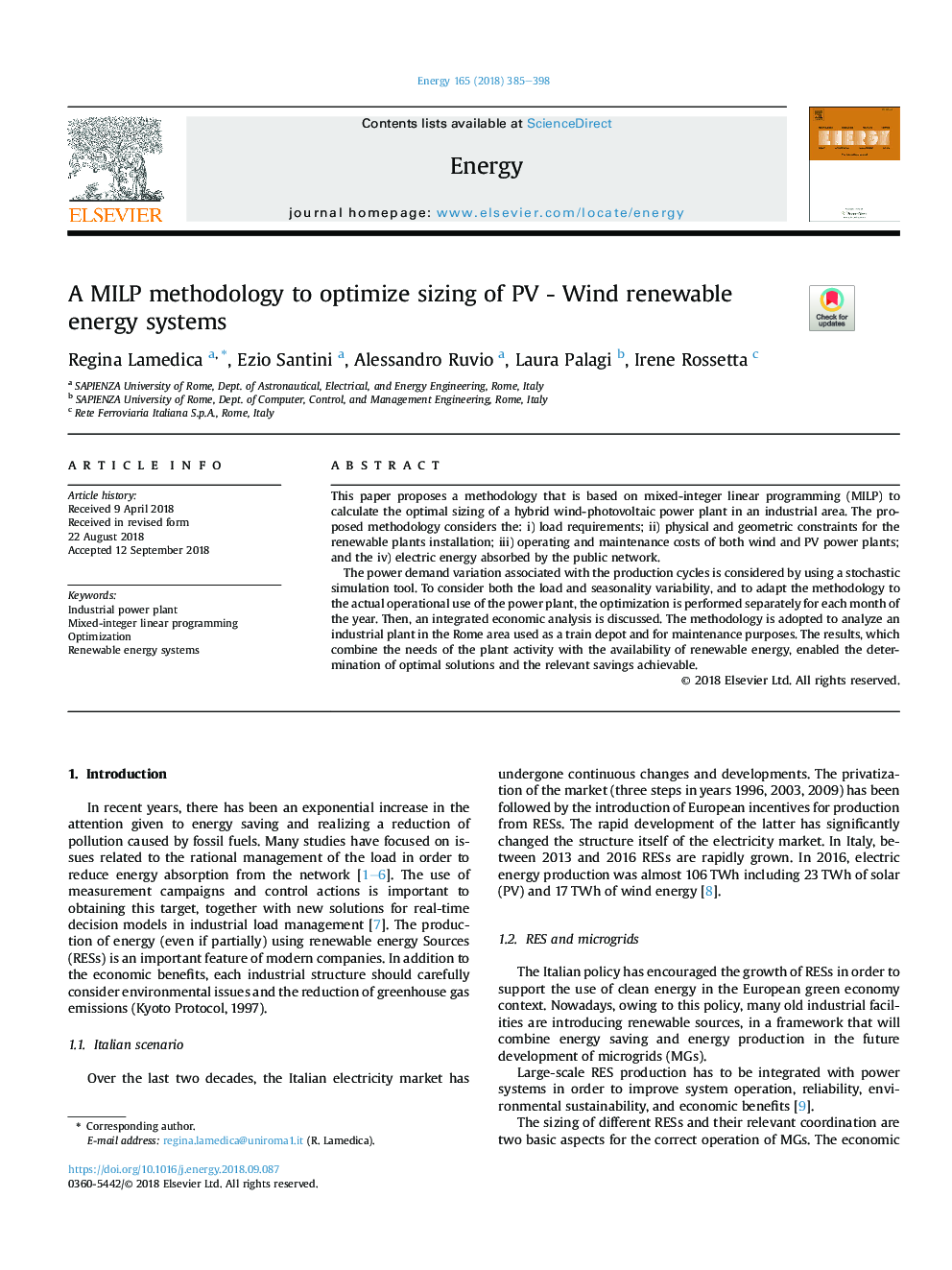 A MILP methodology to optimize sizing of PV - Wind renewable energy systems
