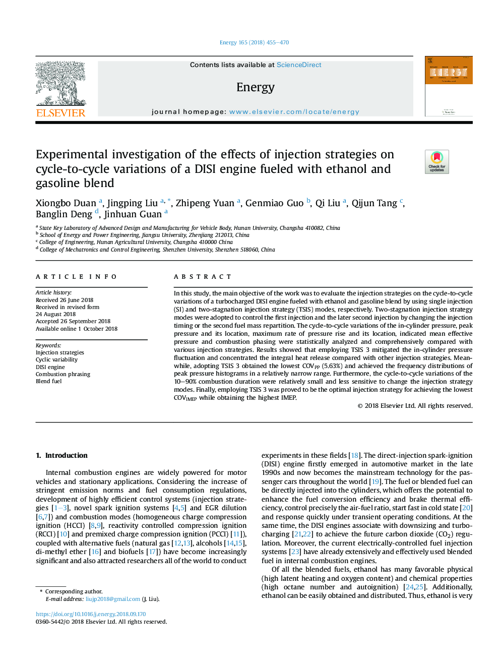 Experimental investigation of the effects of injection strategies on cycle-to-cycle variations of a DISI engine fueled with ethanol and gasoline blend