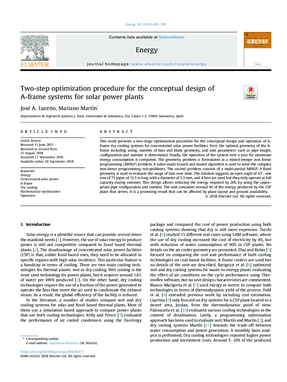 Two-step optimization procedure for the conceptual design of A-frame systems for solar power plants