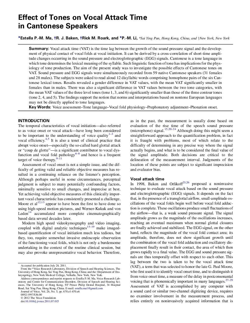 Effect of Tones on Vocal Attack Time in Cantonese Speakers