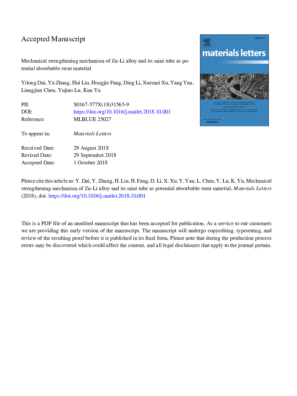 Mechanical strengthening mechanism of Zn-Li alloy and its mini tube as potential absorbable stent material