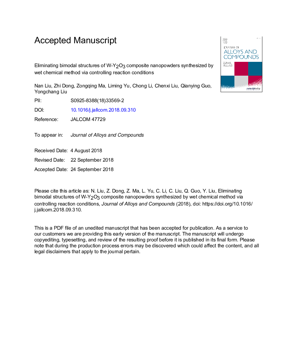 Eliminating bimodal structures of W-Y2O3 composite nanopowders synthesized by wet chemical method via controlling reaction conditions