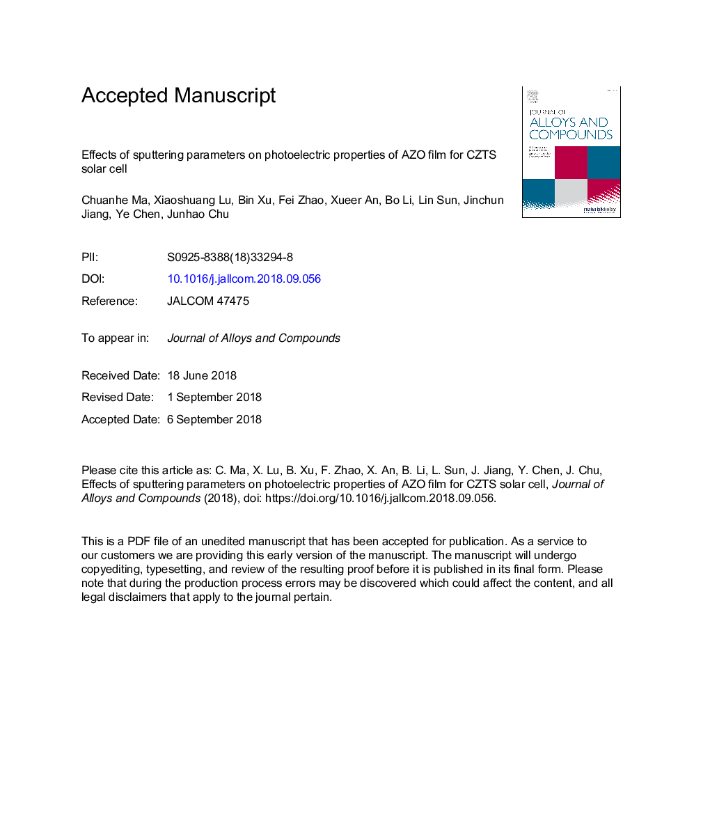 Effects of sputtering parameters on photoelectric properties of AZO film for CZTS solar cell