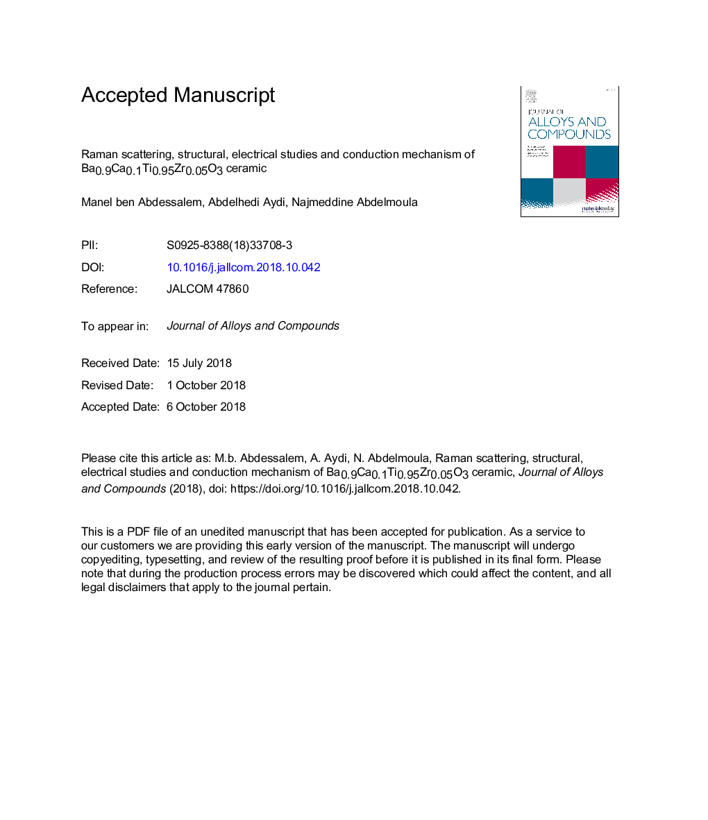 Raman scattering, structural, electrical studies and conduction mechanism of Ba0.9Ca0.1Ti0.95Zr0.05O3 ceramic