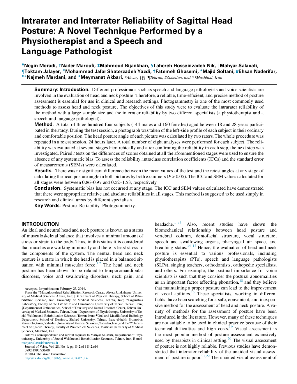 Intrarater and Interrater Reliability of Sagittal Head Posture: A Novel Technique Performed by a Physiotherapist and a Speech and Language Pathologist