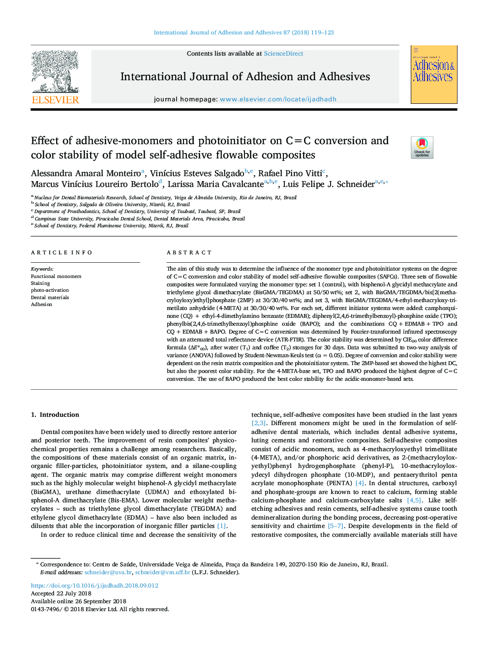 Effect of adhesive-monomers and photoinitiator on C=C conversion and color stability of model self-adhesive flowable composites