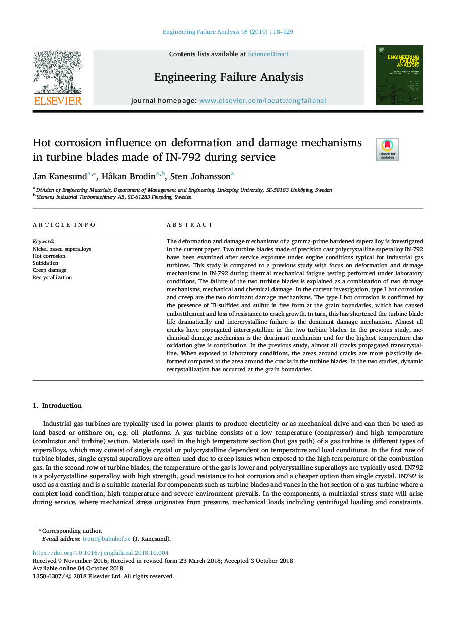 Hot corrosion influence on deformation and damage mechanisms in turbine blades made of IN-792 during service