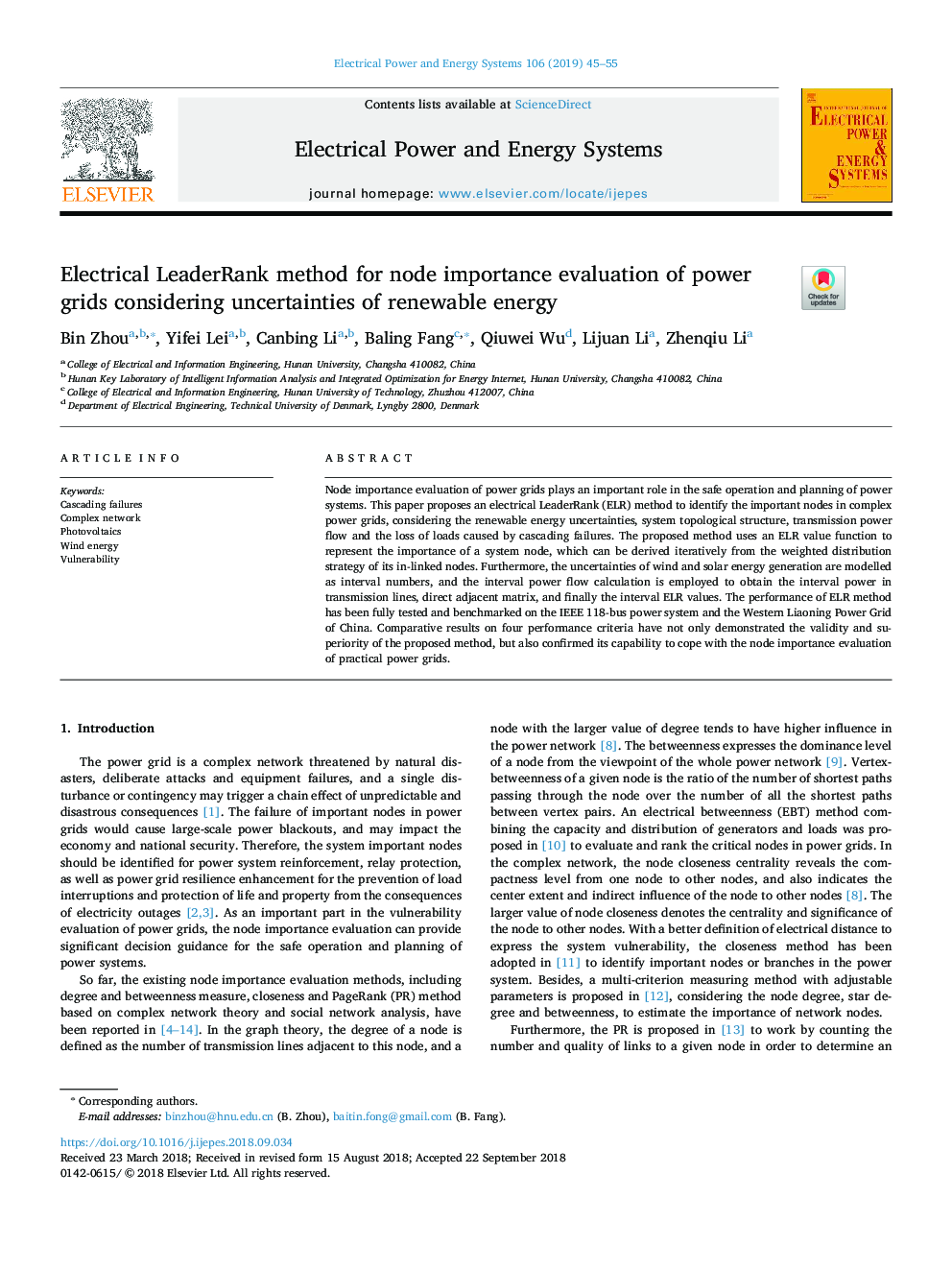 Electrical LeaderRank method for node importance evaluation of power grids considering uncertainties of renewable energy