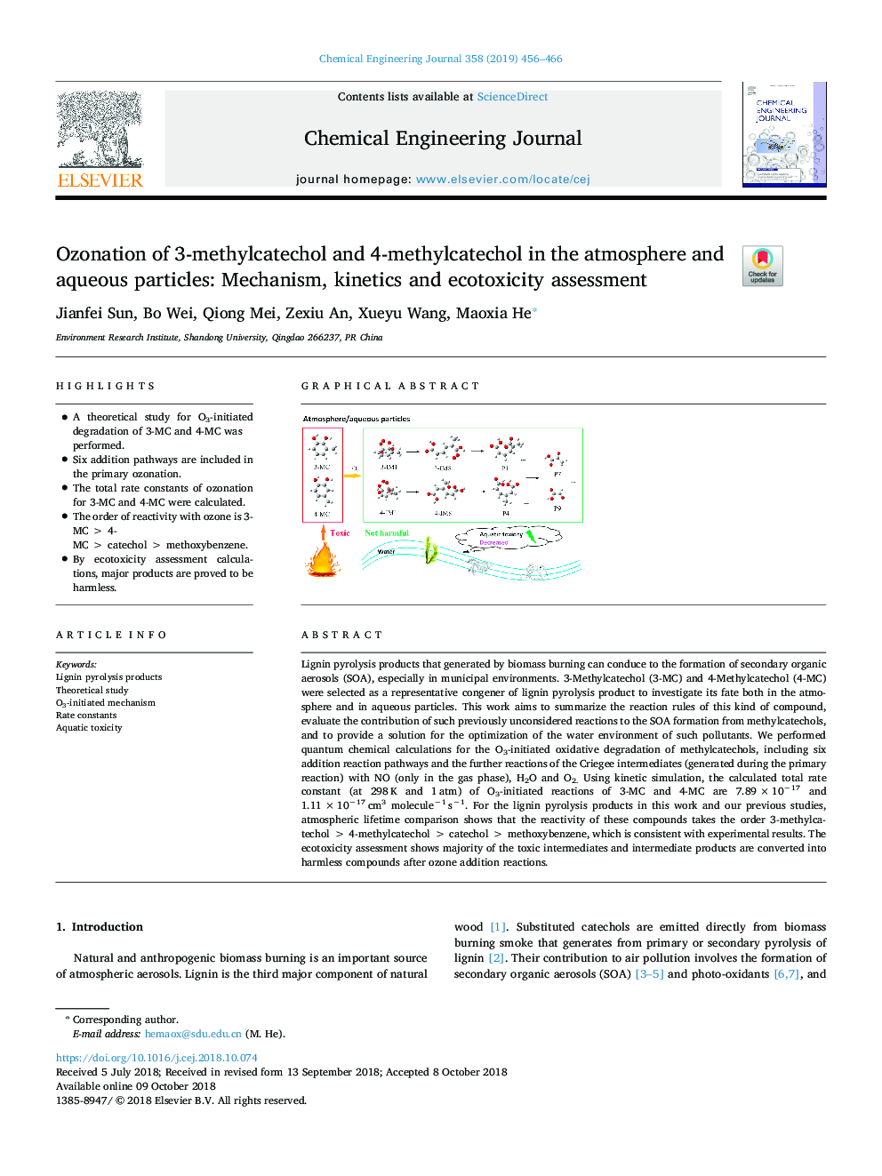 Ozonation of 3-methylcatechol and 4-methylcatechol in the atmosphere and aqueous particles: Mechanism, kinetics and ecotoxicity assessment