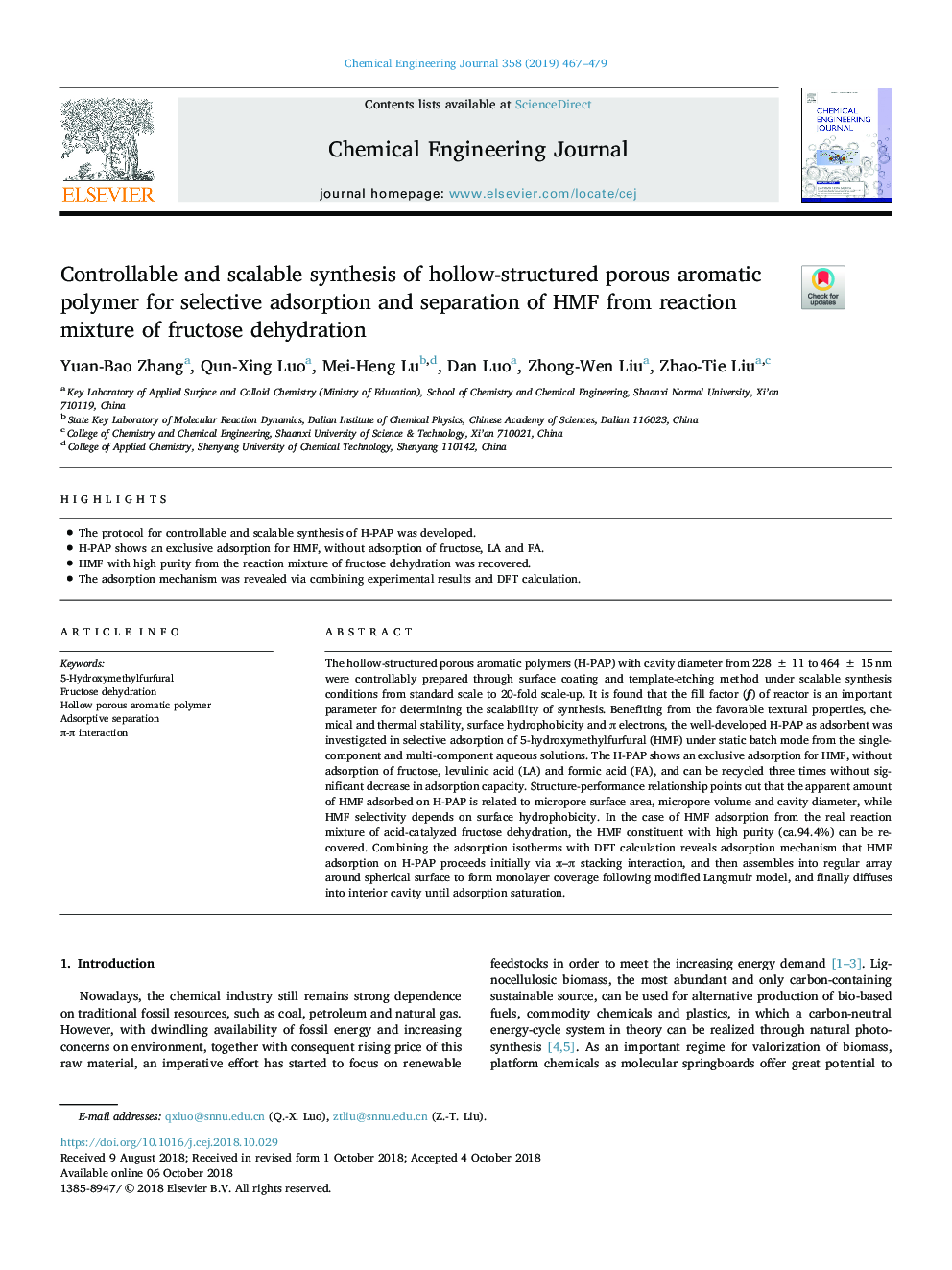 Controllable and scalable synthesis of hollow-structured porous aromatic polymer for selective adsorption and separation of HMF from reaction mixture of fructose dehydration