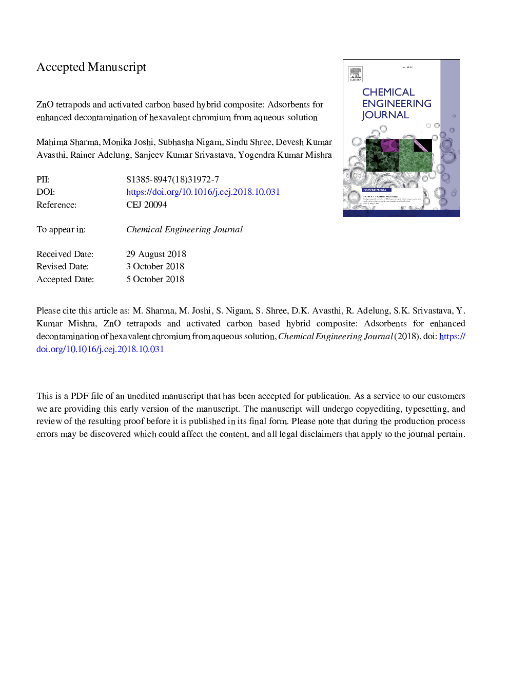 ZnO tetrapods and activated carbon based hybrid composite: Adsorbents for enhanced decontamination of hexavalent chromium from aqueous solution