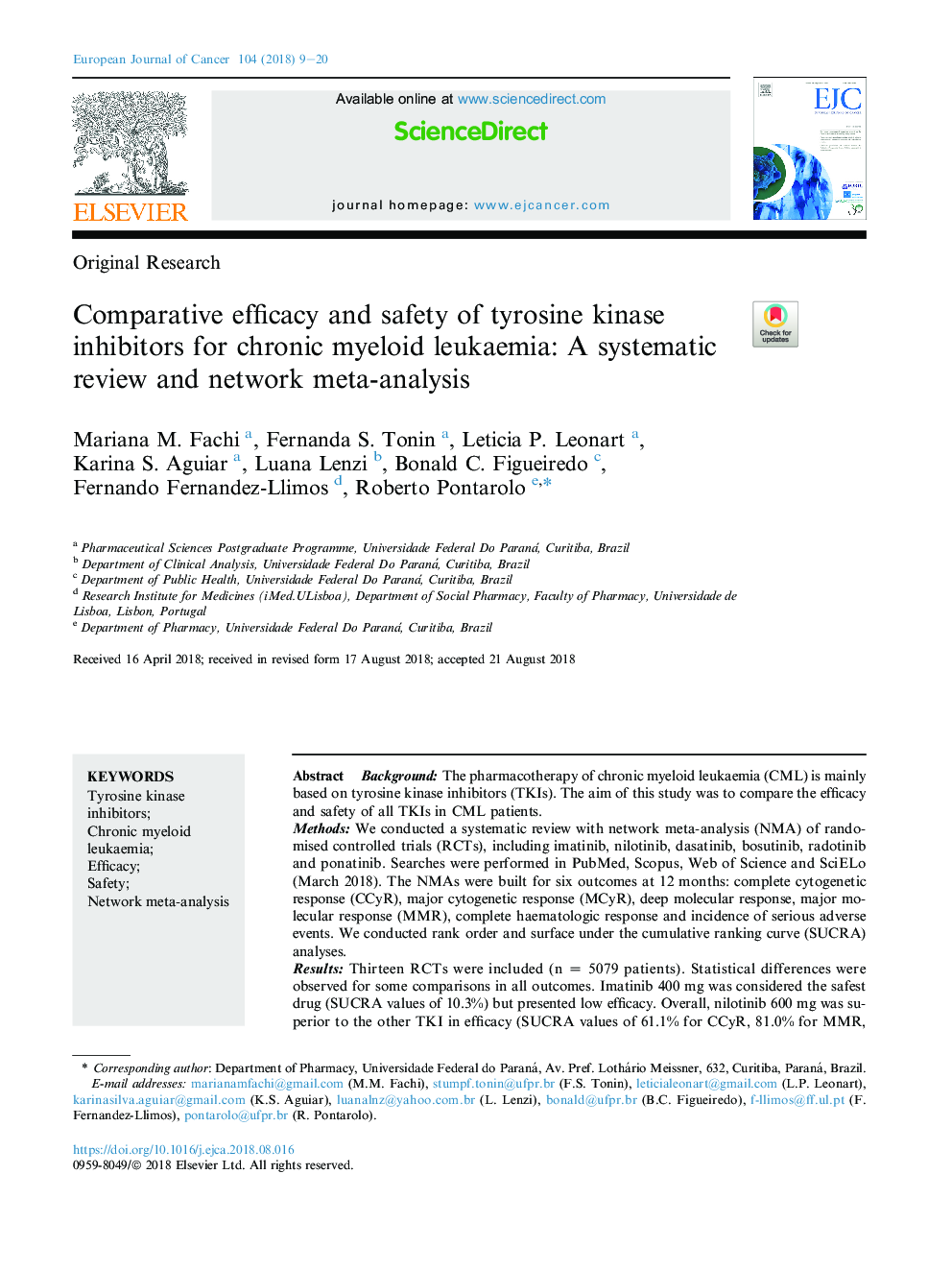 کارایی مقایسه و ایمنی مهارکننده های تیروزین کیناز برای لوسمی مزمن میلوئیدی: یک بررسی سیستماتیک و متا آنالیز شبکه