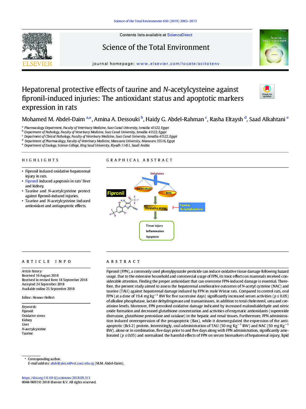 اثرات محافظتی هپاتوژنال تائورین و نیتستیل سیستئین در برابر جراحات ناشی از فیپرونیل: بیان وضعیت آنتی اکسیدانی و نشانگرهای آپوپتوتیک در موش صحرایی
